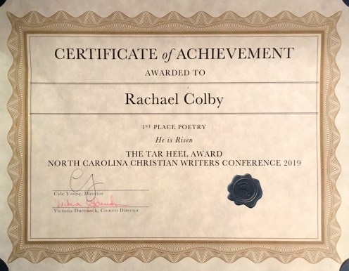 Rachael-M -Colby-North-Carolina-Christian-Writers-Conference-1st-Place-Tar-Heel-Award